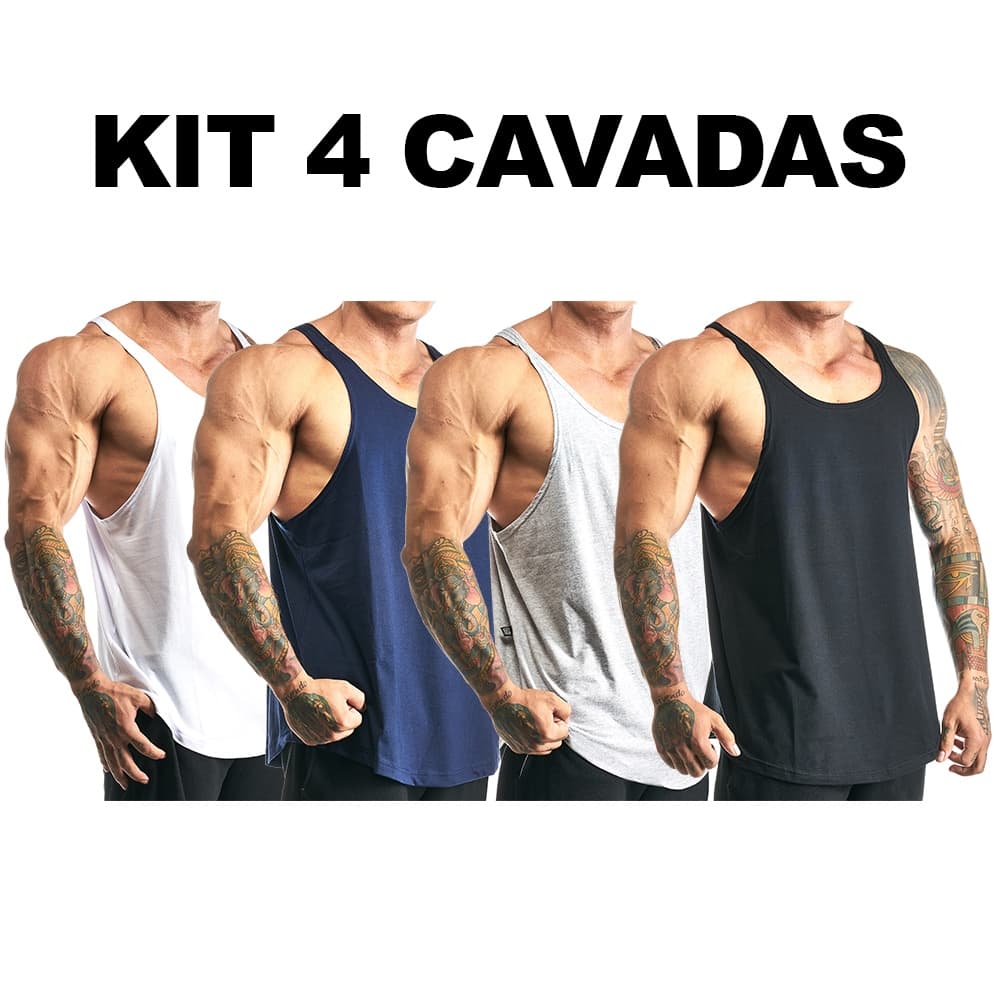 Kit 4 Regatas Masculina Cavada Algodão Lisa sem Estampa Básica - Bombey