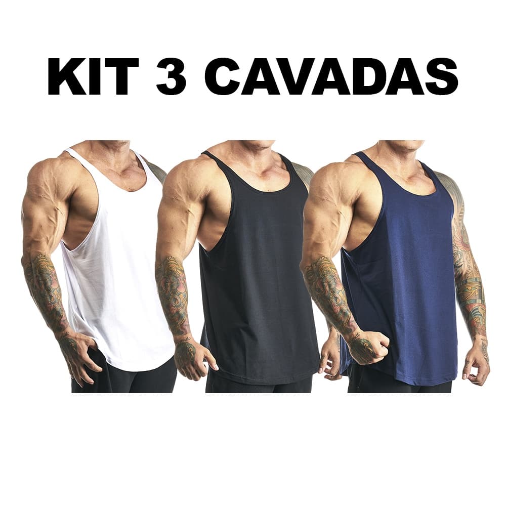 Kit 3 Regatas Masculina Cavada Algodão Lisa sem Estampa Básica