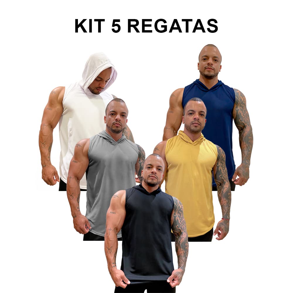 Kit com 5 Regatas Masculinas em Dry Fresh Longline com Capuz Lisas Básica sem Estampa - Bombey