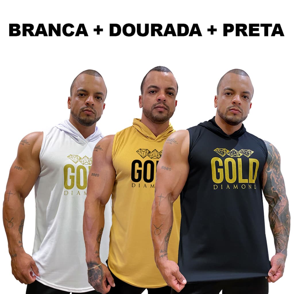Kit com 3 Regatas Masculina Longline em Dry com Capuz - Gold Diamond