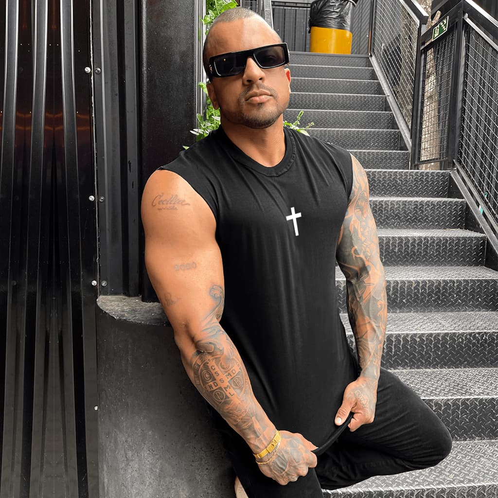 Camiseta Regata Masculina Manga Japonesa em Algodão Modelo Longline Estampada - Bombey