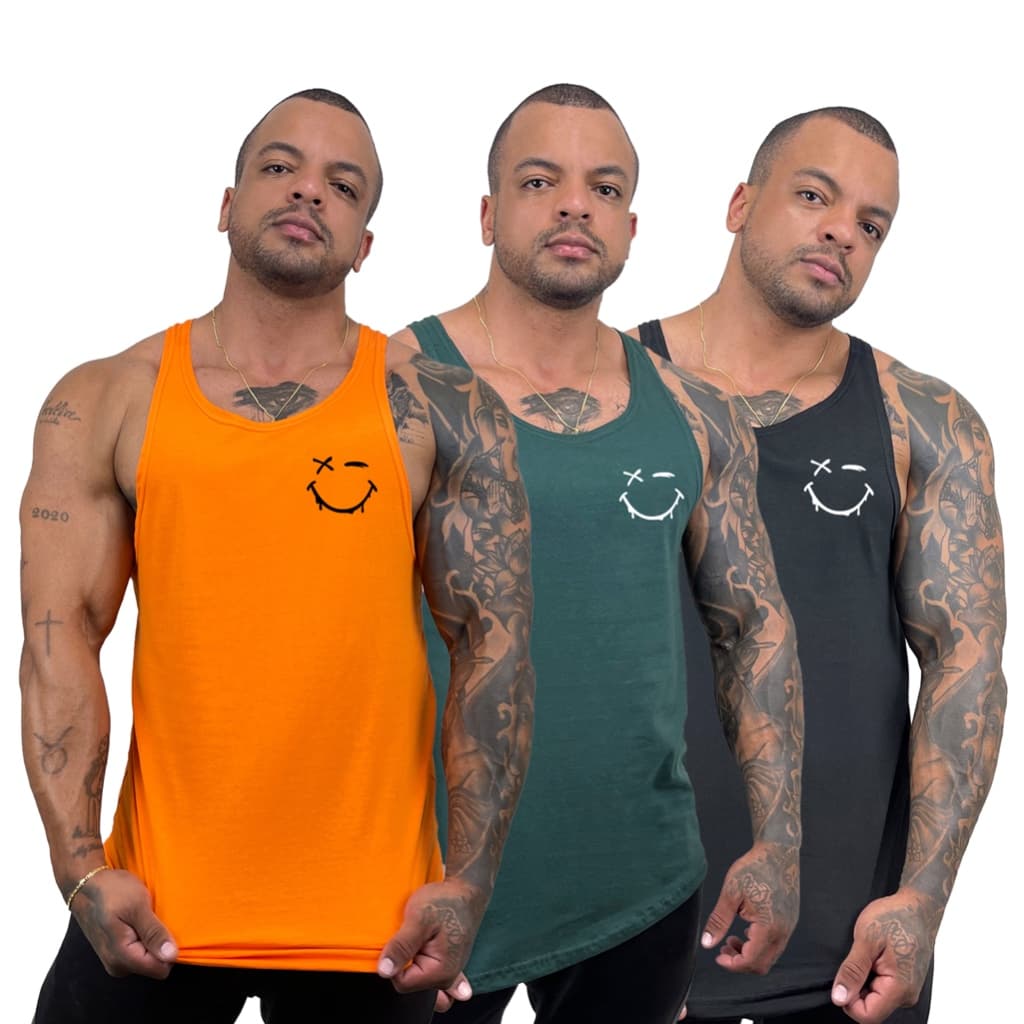 Kit com 3 regatas masculinas em algodão com estampa Expressão Sorriso - Bombey - Kit com 3 regatas