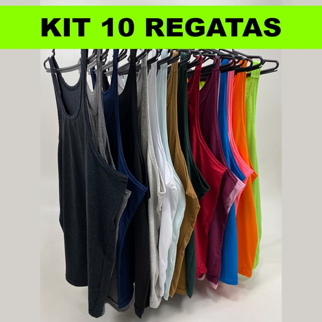 Kit com 10 Regatas Masculina Algodão Cavada Lisa - Bombey - Kit com 10 Regatas Cores Variadas