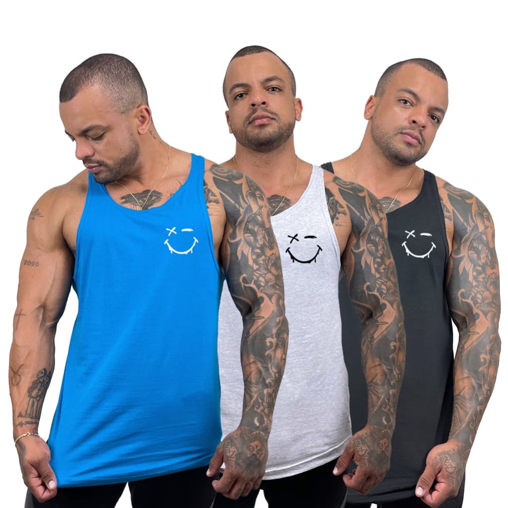 Kit com 3 regatas masculinas em algodão com estampa Expressão Sorriso - Bombey - Kit com 3 regatas