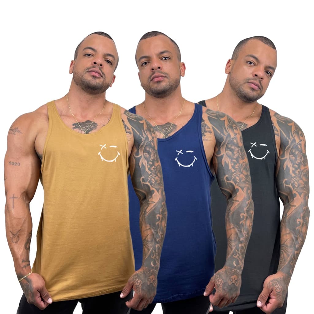 Kit com 3 Regatas Masculinas em Algodão com Estampa Expressão Sorriso - Bombey - kit 3 regatas