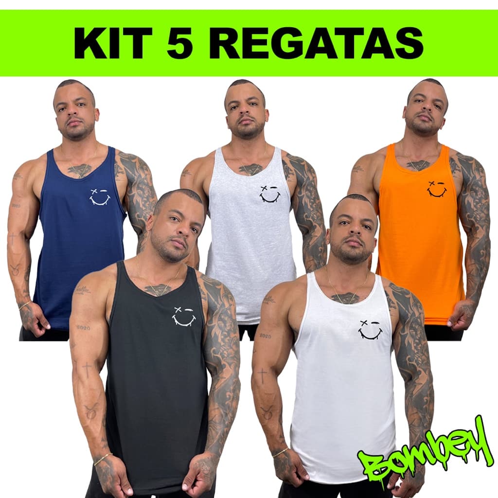 Kit 5 Regatas masculina cavada algodão academia esportivas com varias cores - Bombey