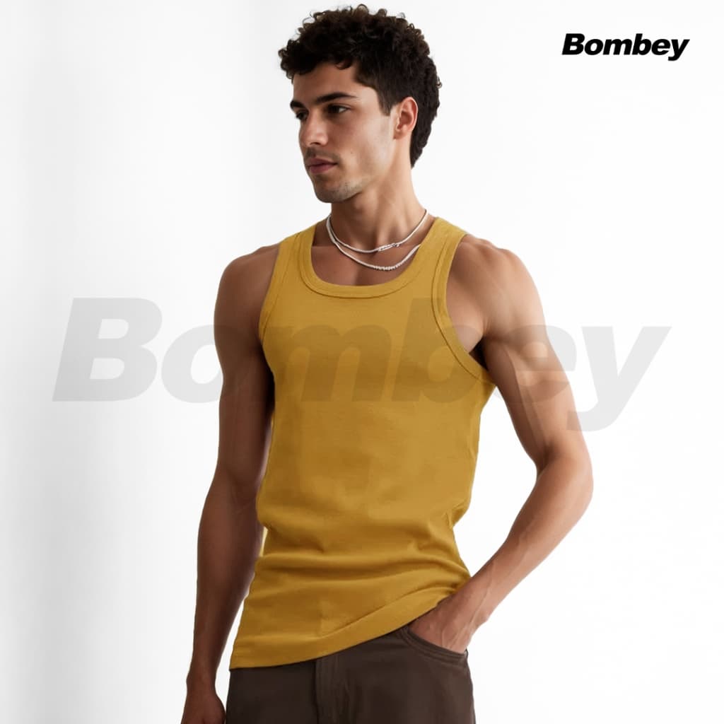 Regata Masculina Mostarda Tank Modelo Americano Gringa Ribana em Algodão e Elastano Bombey