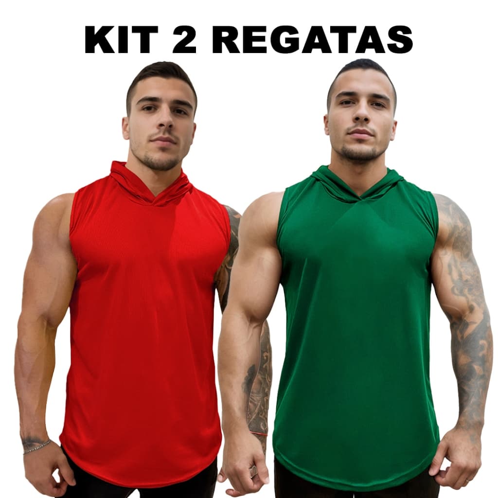 Kit 2 Regatas Vermelho + Cores Masculina com Capuz em Dry Fit - Lisa Sem Estampa Básica - Bombey
