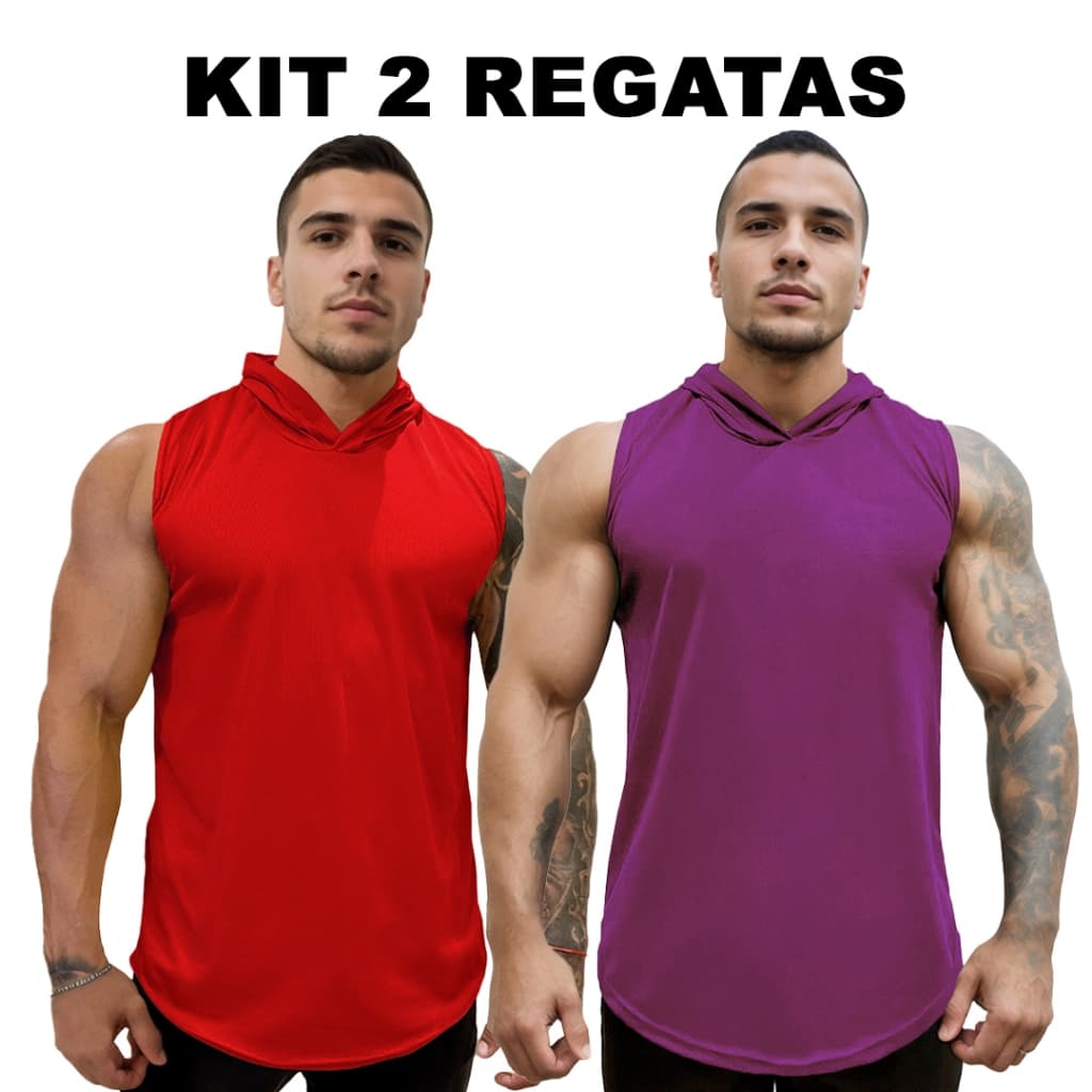 Kit 2 Regatas Vermelho + Cores Masculina com Capuz em Dry Fit Lisa Sem Estampa Básica - Bombey