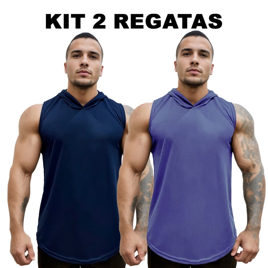 Kit 2 Regatas Marinho + Cores Masculina com Capuz em Dry Fit Lisa Sem Estampa Básica - Bombey