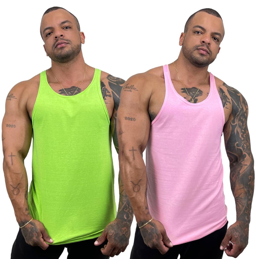 Kit com 2 Regatas Masculinas Verde Neon + Cores Modelo Cavada Nadador 100% Algodão Lisas - Bombey
