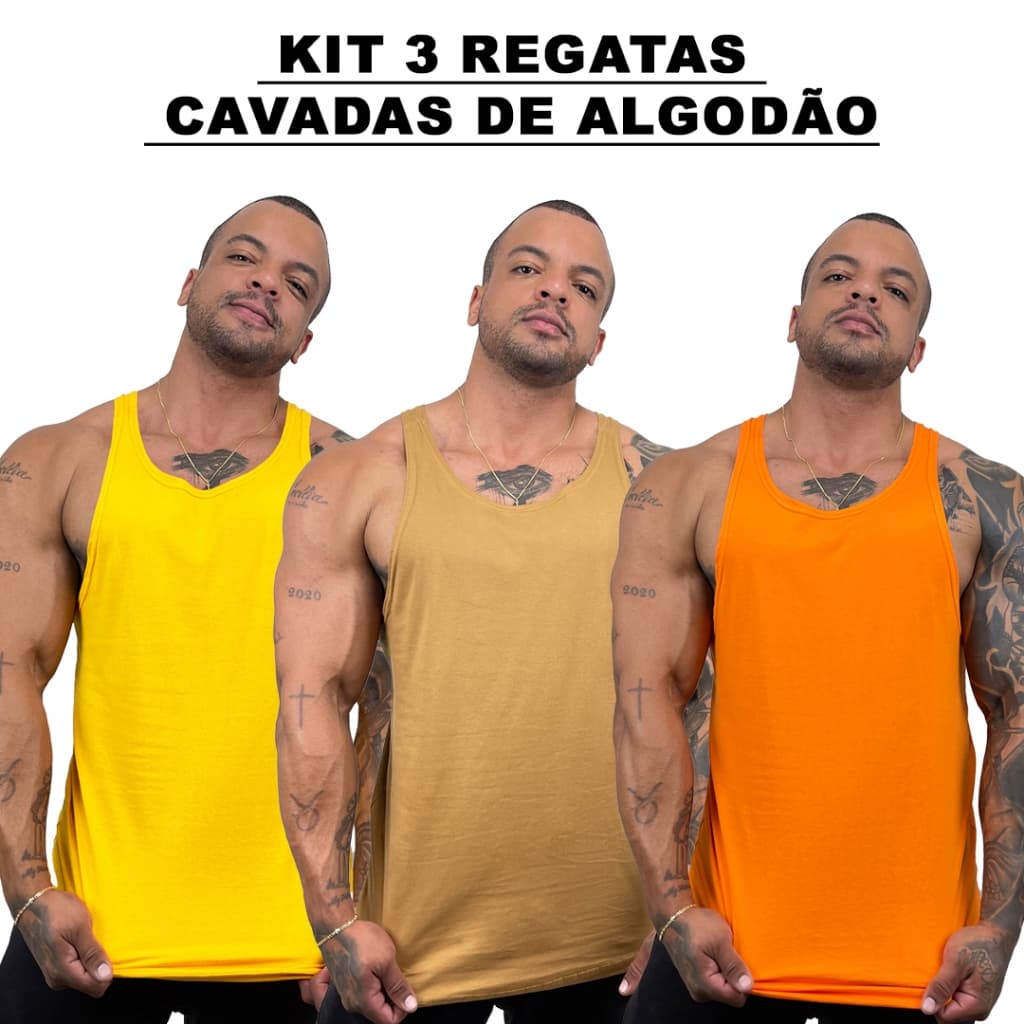 Kit 3 Regatas Masculina Cavadas Amarelo + Caramelo + Cores Nadador 100% Algodão Lisa Básica - Bombey