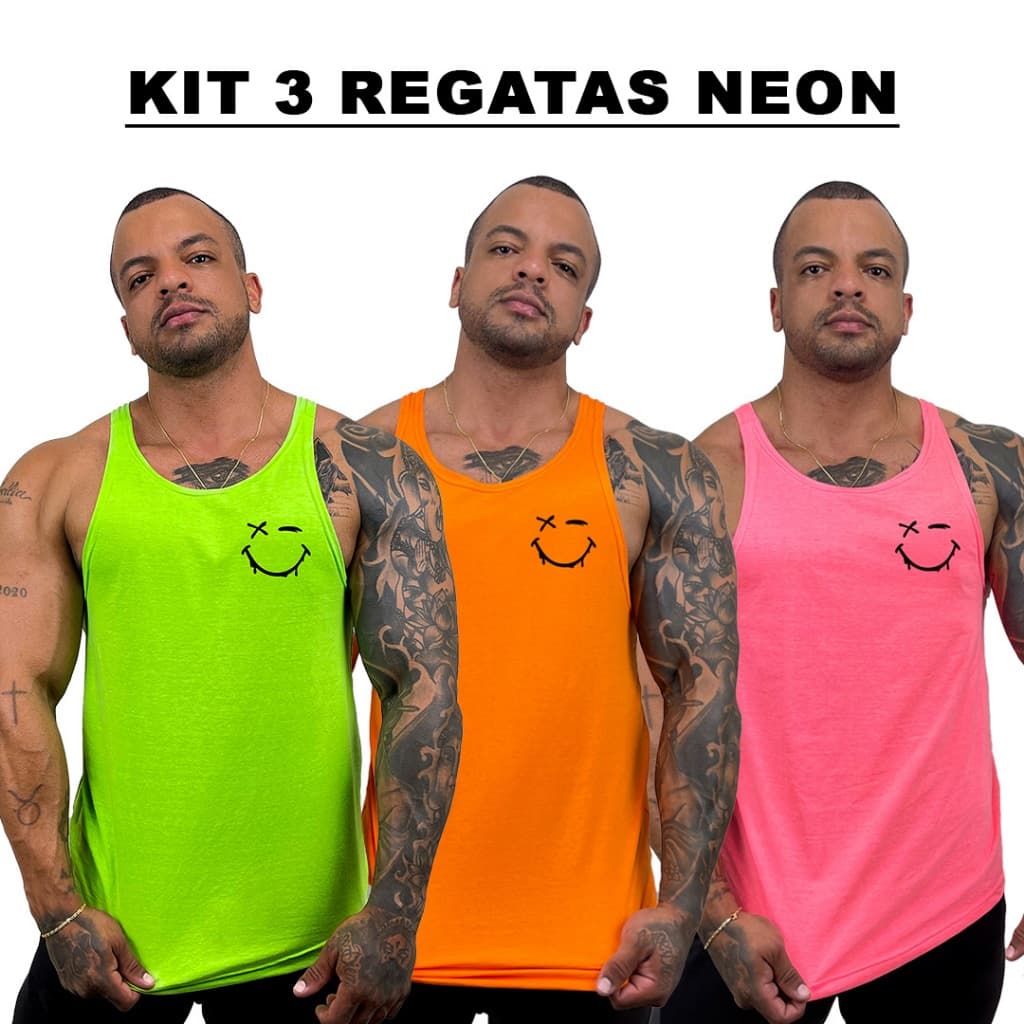 Kit com 3 Regatas Masculinas em Algodão com Estampa Expressão Sorriso - Bombey - Kit com 3 regatas