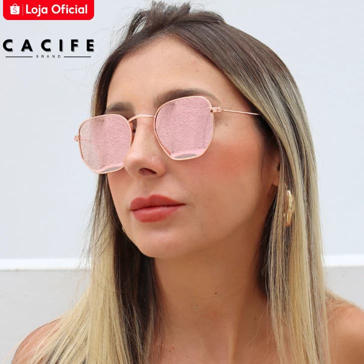 Óculos de Sol Rose Espelhado Hexagonal Rosado Moda Praia Verão uv400 feminino Masculino