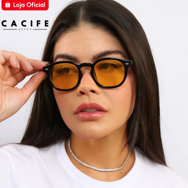 Oculos de Sol Redondo Preto e Amarelo Original Premium Blogueira Tendência uv400 Feminino Masculino