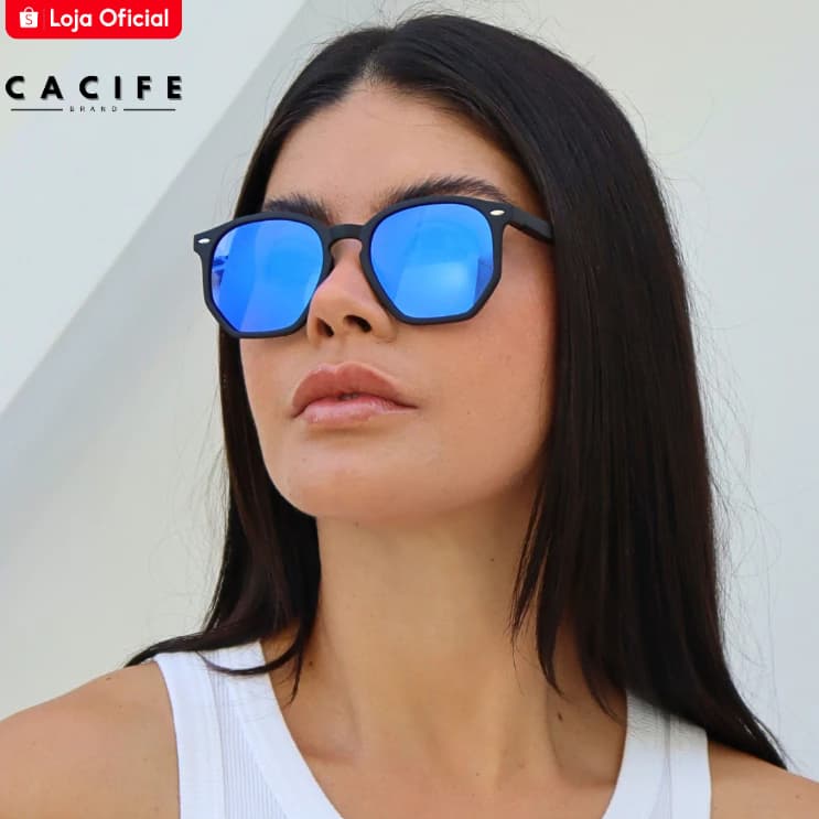 Óculos de Sol Tulum Azul Espelhado Armação Preto Degradê Hexagonal Premium uv400 Feminino Masculino