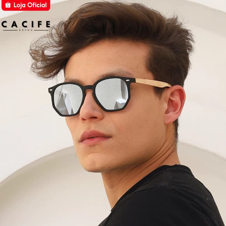 Óculos de Sol Prata Espelhado Hexagonal Hastes Madeira Premium Clássico Moderno uv400 Unissex