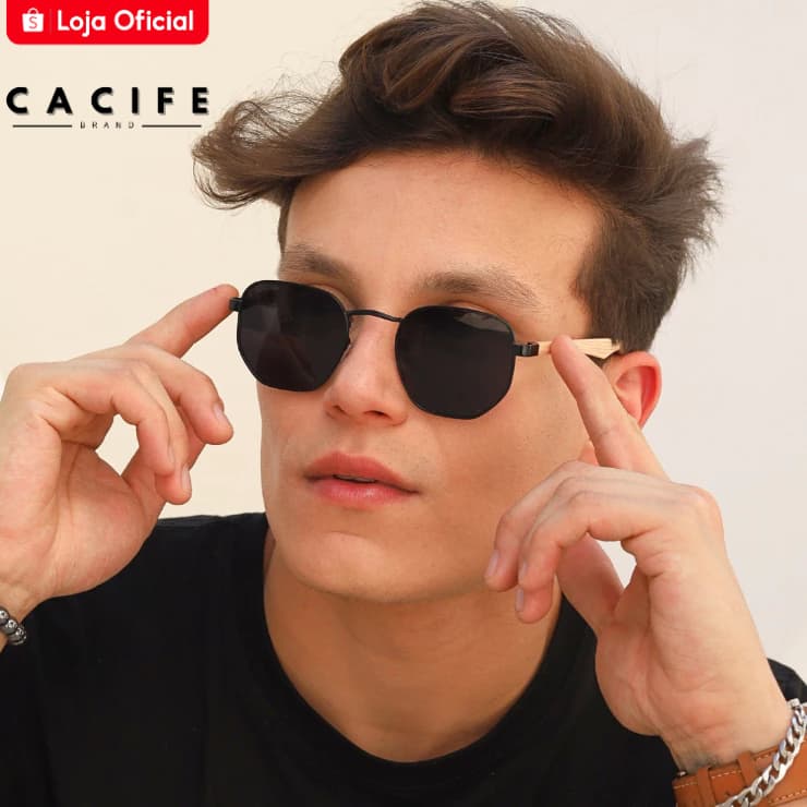 Óculos de Sol Hexagonal Premium Preto e Madeira Classico VIntage Mais Vendido uv400 Masculino