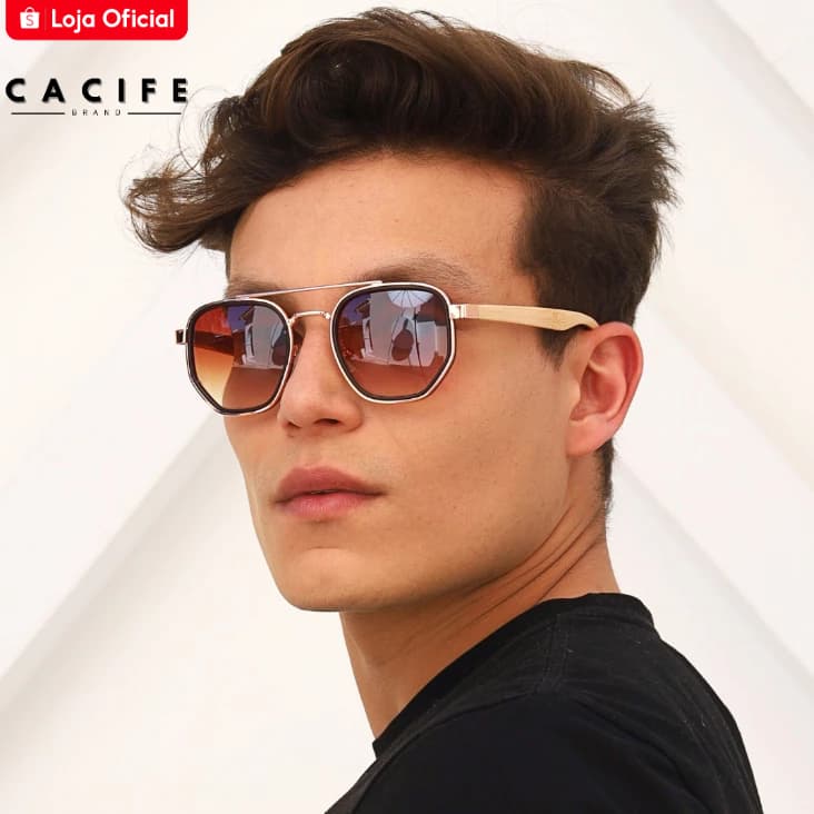 Oculos de Sol Hexagonal Aviador Premium Bambu Moda Praia Verao Tendencia uv400 Masculino Feminino
