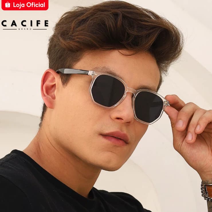 Oculos de Sol Hexagonal Cristal Transparente Hastes em Black Piano Premium uv400 Masculino Feminino