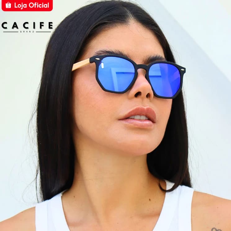 Oculos de Sol Azul Espelhado Bambu Premium Hexagonal Original Blogueira Tendencia uv400 Feminino