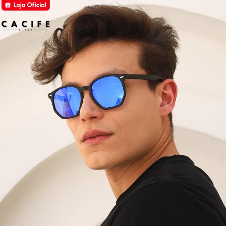 Oculos de Sol Hexagonal Azul Espelhado Premium Original Moda Verao uv400 Masculino Feminino