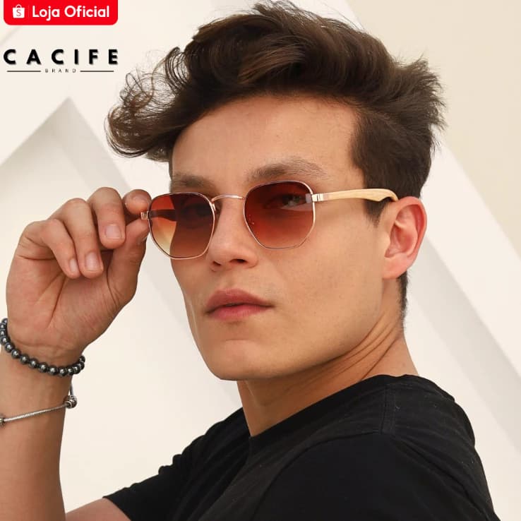Óculos de Sol Hexagonal Marrom Degrade Premium Bambu Classico Tendencia uv400 Masculino Feminino