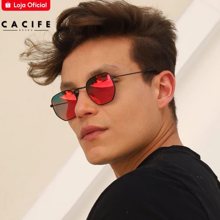 Óculos de Sol Hexagonal Original Preto e Vermelho Espelhado Classico Retro uv400 Masculino Feminino