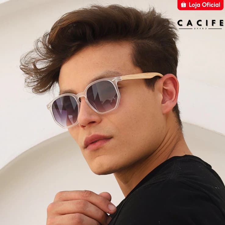 Oculos de Sol Hexagonal Branco Bambu Premium Original Moda Praia Verão Classico uv400 Masculino